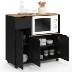 Meuble desserte XXL pour micro-ondes avec placards et tiroir bois et noir