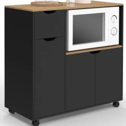 Meuble desserte XXL pour micro-ondes avec placards et tiroir bois et noir