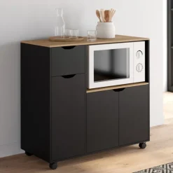 Meuble desserte XXL pour micro-ondes avec placards et tiroir bois et noir