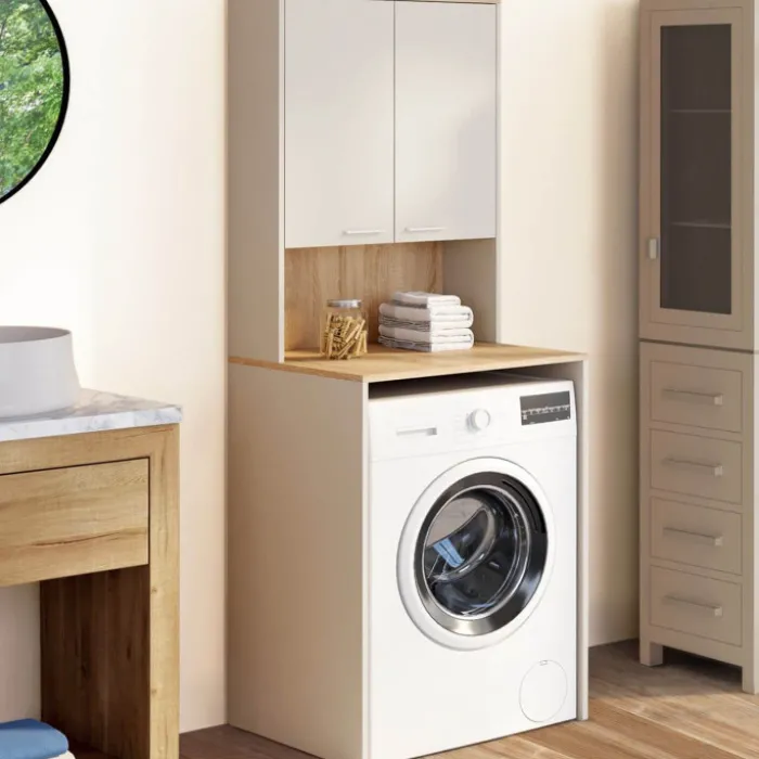 Meuble dessus de machine à laver avec placard beige et bois façon hêtre