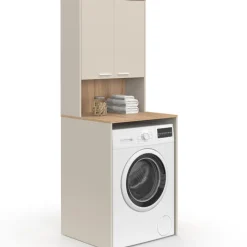 Meuble dessus de machine à laver avec placard beige et bois façon hêtre