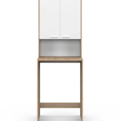 Meuble dessus de machine à laver avec placard bois façon hêtre et blanc