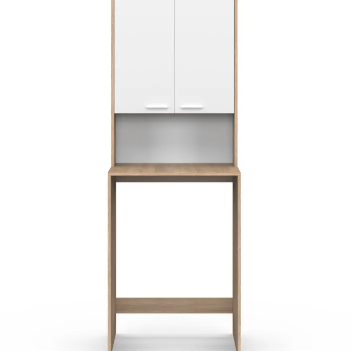 Meuble dessus de machine à laver avec placard bois façon hêtre et blanc