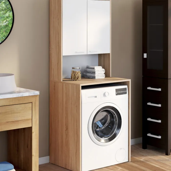 Meuble dessus de machine à laver avec placard bois façon hêtre et blanc