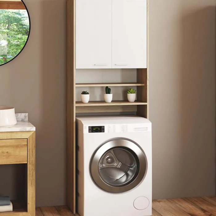 Meuble dessus machine à laver blanc et hêtre