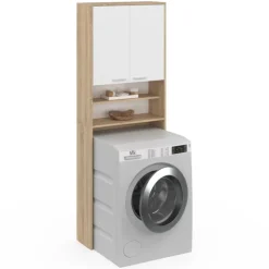 Meuble dessus machine à laver blanc et hêtre