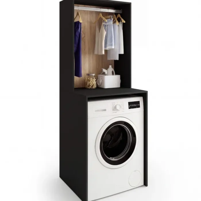 Meuble dessus machine à laver avec penderie noir et bois façon hêtre