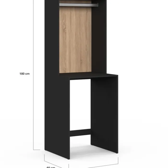 Meuble dessus machine à laver avec penderie noir et bois façon hêtre
