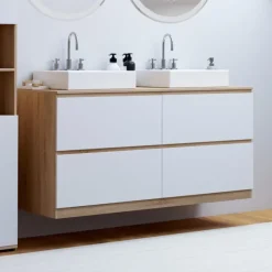 Meuble double vasque suspendu salle de bain 120 cm 4 tiroirs façon hêtre et blanc