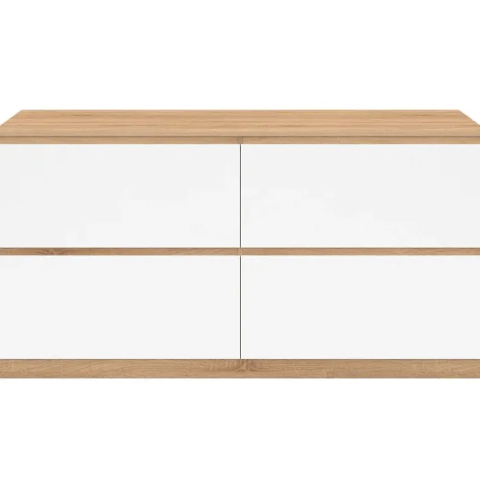 Meuble double vasque suspendu salle de bain 120 cm 4 tiroirs façon hêtre et blanc