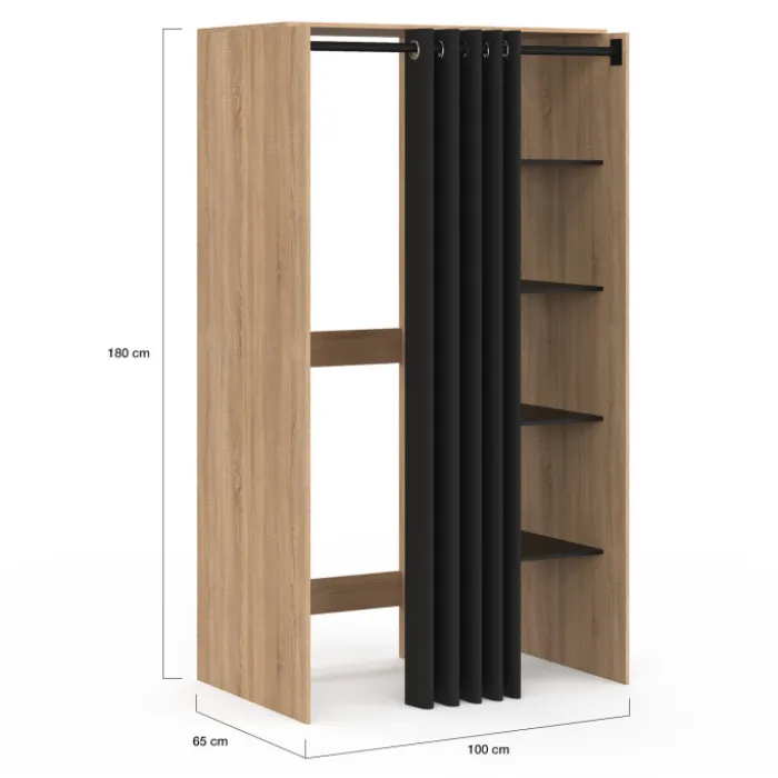 Meuble pour buanderie double machine à laver 180 cm hêtre et noir avec rideau coulissant