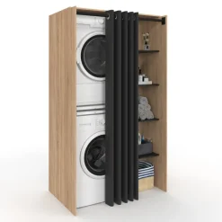 Meuble pour buanderie double machine à laver 180 cm hêtre et noir avec rideau coulissant