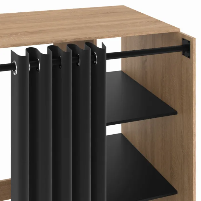 Meuble pour buanderie double machine à laver 180 cm hêtre et noir avec rideau coulissant