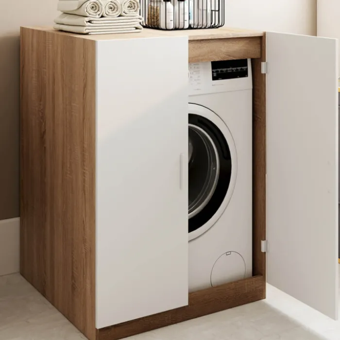 Meuble pour machine à laver avec portes blanc et bois façon hêtre