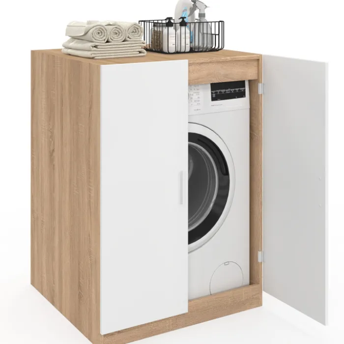 Meuble pour machine à laver avec portes blanc et bois façon hêtre