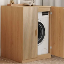 Meuble pour machine à laver avec portes effet lattes tasseau bois coloris chêne