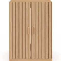 Meuble pour machine à laver avec portes effet lattes tasseau bois coloris chêne