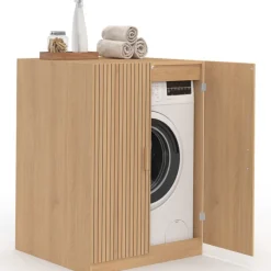 Meuble pour machine à laver avec portes effet lattes tasseau bois coloris chêne