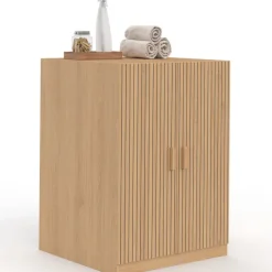 Meuble pour machine à laver avec portes effet lattes tasseau bois coloris chêne