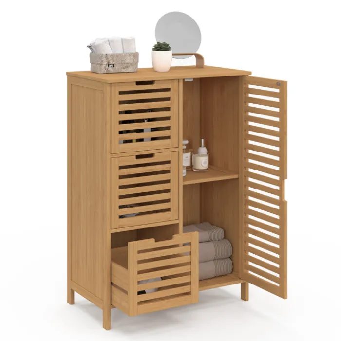 Meuble salle de bain en bambou avec placard et 3 tiroirs