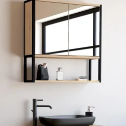 Meuble salle de bain suspendu métal et bois