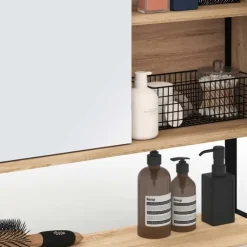 Meuble salle de bain suspendu métal et bois