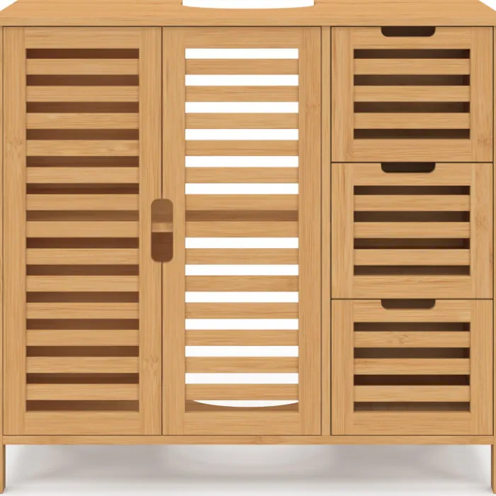 Meuble sous lavabo salle de bain bambou avec placard et 3 tiroirs