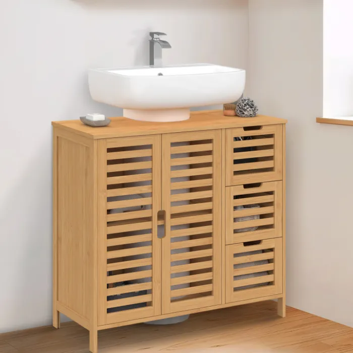 Meuble sous lavabo salle de bain bambou avec placard et 3 tiroirs