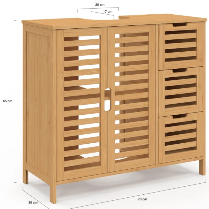 Meuble sous lavabo salle de bain bambou avec placard et 3 tiroirs