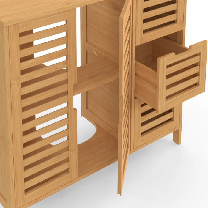 Meuble sous lavabo salle de bain bambou avec placard et 3 tiroirs
