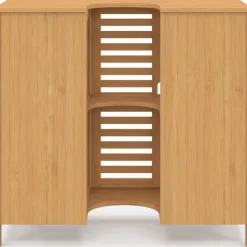 Meuble sous lavabo salle de bain bambou avec placard et 3 tiroirs
