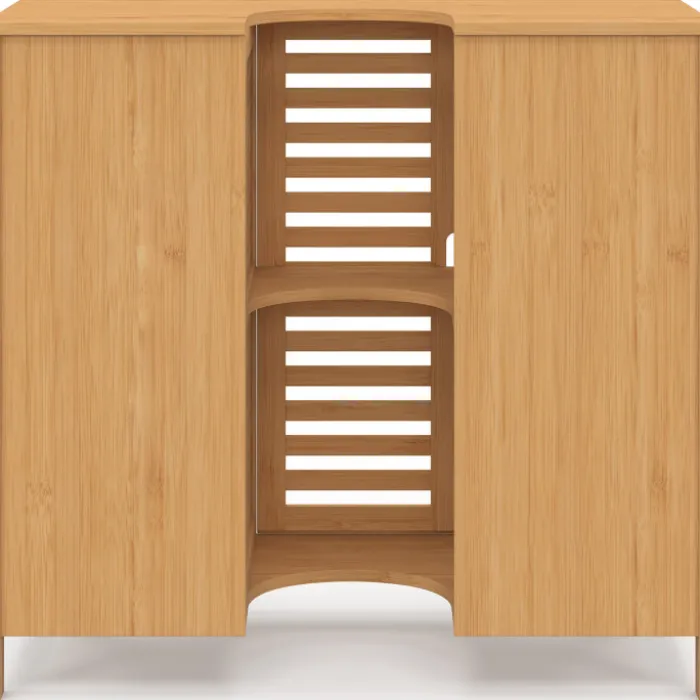 Meuble sous lavabo salle de bain bambou avec placard et 3 tiroirs