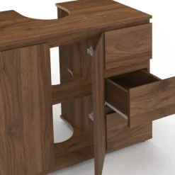 Meuble sous lavabo salle de bain avec placard et 3 tiroirs effet noyer