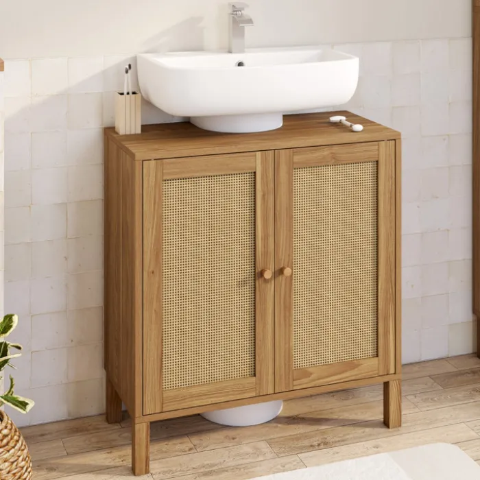 Meuble sous lavabo salle de bain effet naturel cannage