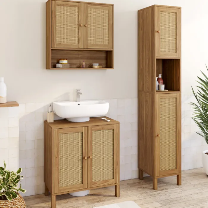 Meuble sous lavabo salle de bain effet naturel cannage