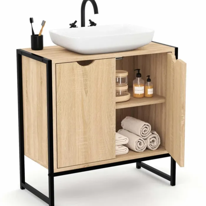 Meuble sous lavabo salle de bain métal et bois