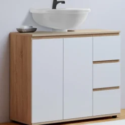 Meuble sous lavabo salle de bain avec placard et 3 tiroirs façon hêtre et blanc