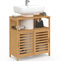 Meuble sous lavabo salle de bain bambou avec portes coulissantes