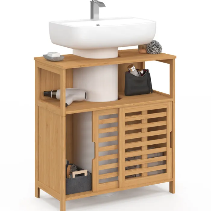 Meuble sous lavabo salle de bain bambou avec portes coulissantes