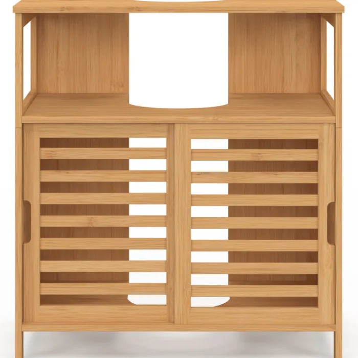 Meuble sous lavabo salle de bain bambou avec portes coulissantes