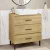 Meuble sous vasque salle de bain 80 cm 3 tiroirs façon hêtre et noir avec pieds télescopiques