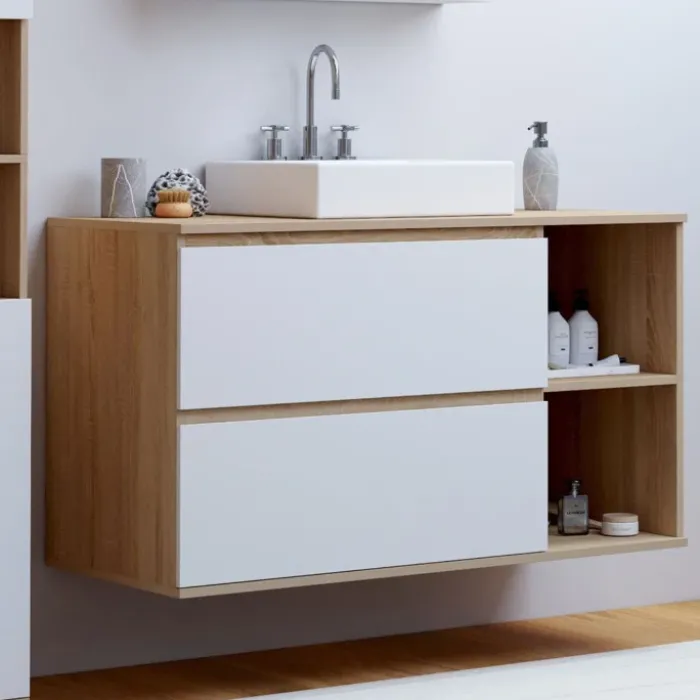 Meuble sous vasque suspendu salle de bain 2 tiroirs et 2 niches façon hêtre et blanc