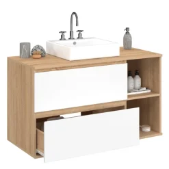 Meuble sous vasque suspendu salle de bain 2 tiroirs et 2 niches façon hêtre et blanc