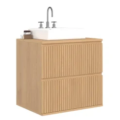 Meuble sous vasque suspendu salle de bain 2 tiroirs effet lattes