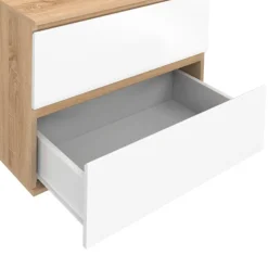 Meuble sous vasque suspendu salle de bain 2 tiroirs façon hêtre et blanc