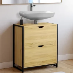 Meuble sous-lavabo salle de bain bois et métal 2 tiroirs