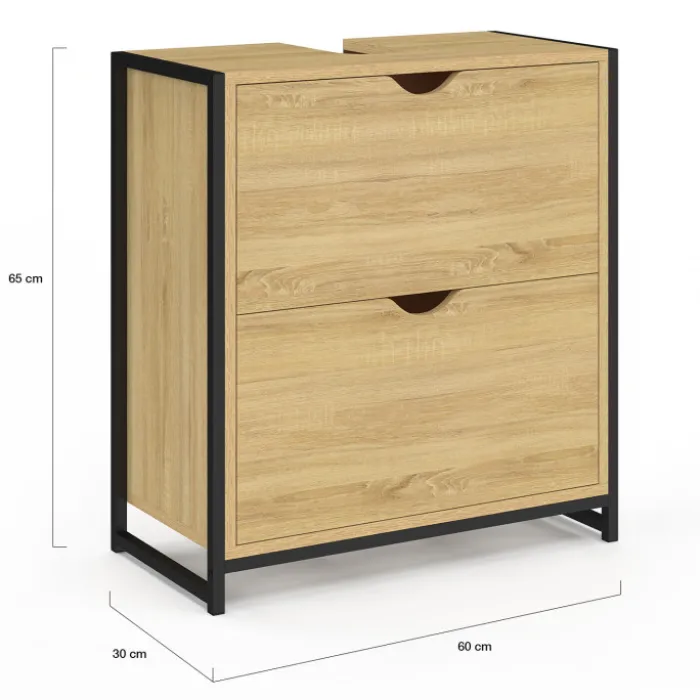 Meuble sous-lavabo salle de bain bois et métal 2 tiroirs