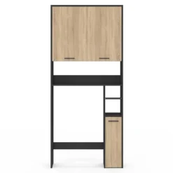 Meuble étagère dessus WC noir et bois façon hêtre