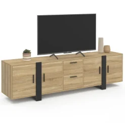 Meuble télé 180 cm 4 portes et 2 tiroirs bois et noir