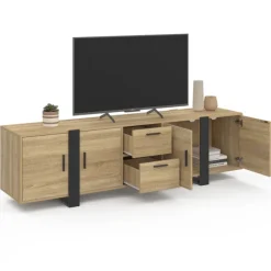 Meuble télé 180 cm 4 portes et 2 tiroirs bois et noir